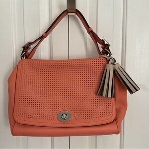 Coral Leather Perforated Leather Shoulder Bag 14x9x5” NEW